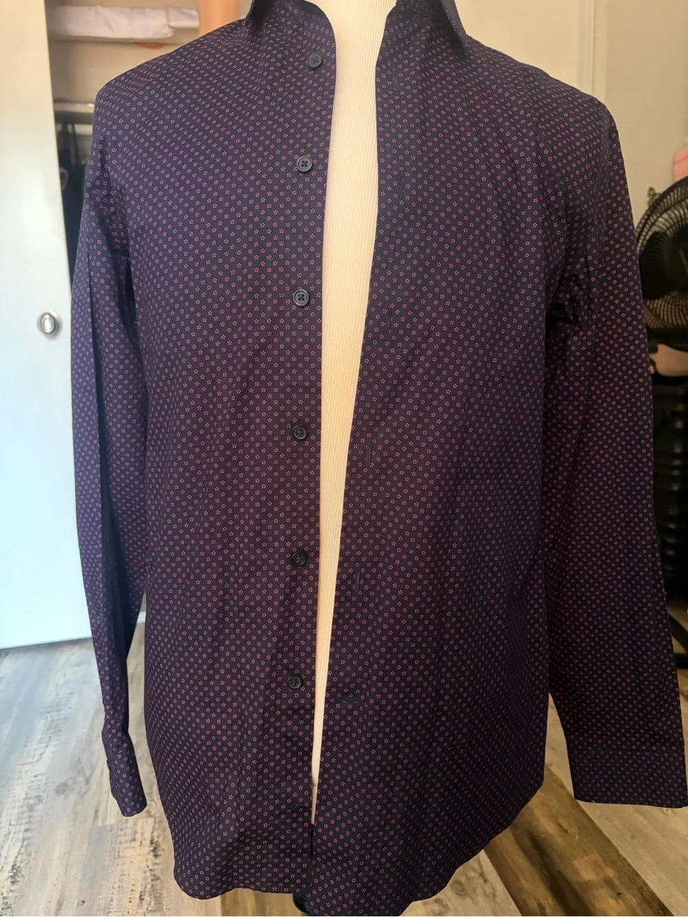 Express Men's Navy Button-Up Shirt Jacket with Small Pink Pattern